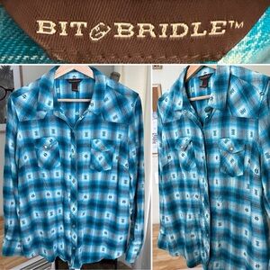 Bit & Bridle Women’s Snap Close Blue/white Cotton Plaid Western Shirt Size L